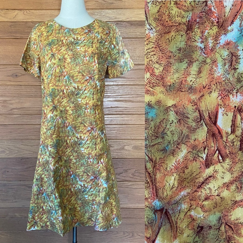 Vintage 1960s handmade forest woods tree novelty print shift dress